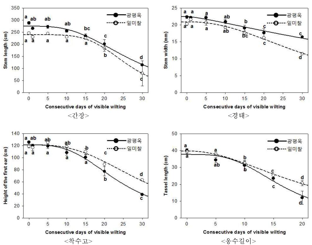 유수형성기 한발증상지속일수에 따른 옥수수 간장, 경태, 착수고, 웅수길이 변화