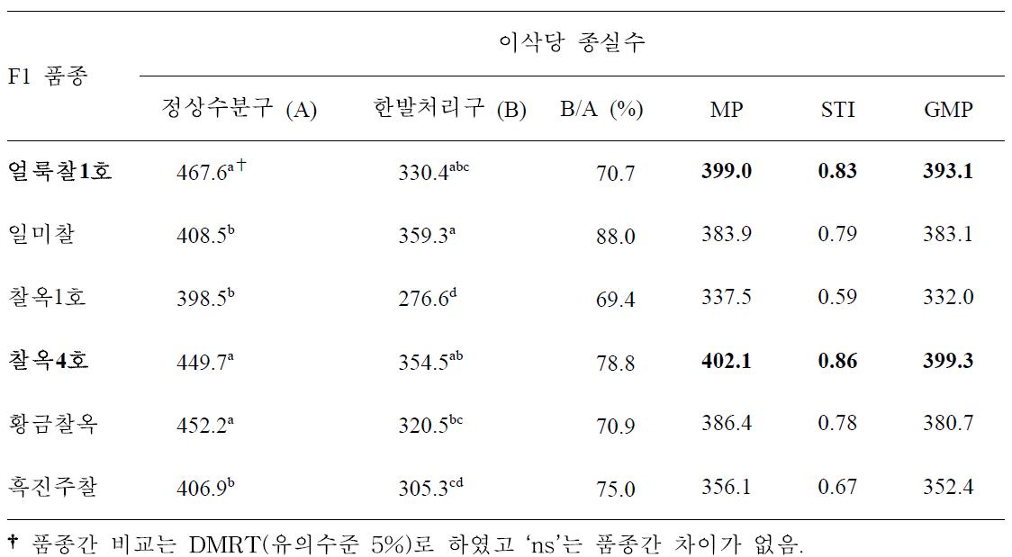 유수형성기 한발처리구와 정상수분구 이삭당 종실수에 대한 찰옥수수 품종간 비교