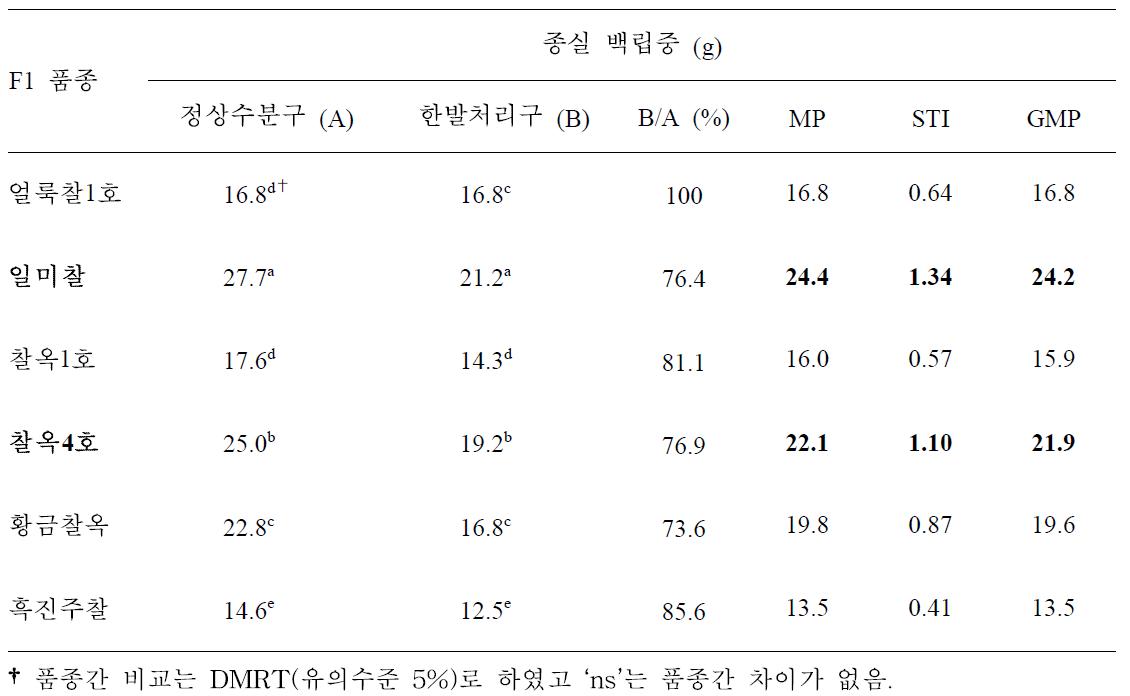 유수형성기 한발처리구와 정상수분구 종실 백립중에 대한 찰옥수수 품종간 비교