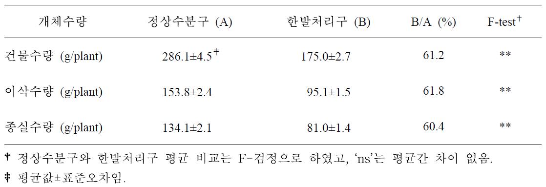 일반옥수수 9개 품종의 유수형성기 한발처리구와 정상수분구 수량성 비교