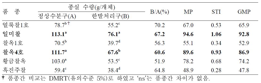 유수형성기 한발처리에 따른 찰옥수수 품종간 종실수량 한발내성 비교