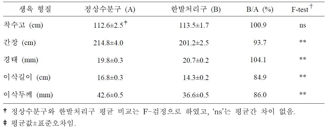 찰옥수수 5개 품종의 개화기 한발처리구와 정상수분구 생육형질 비교