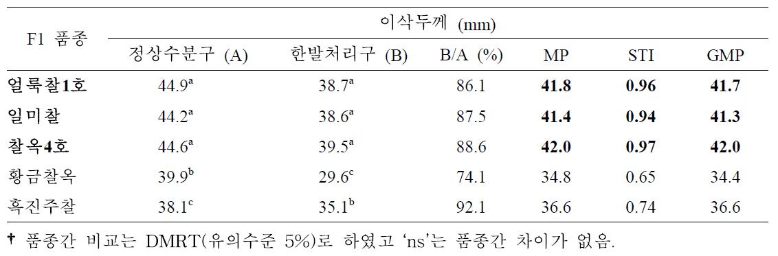 개화기 한발처리구와 정상수분구 이삭두께에 대한 찰옥수수 품종간 비교