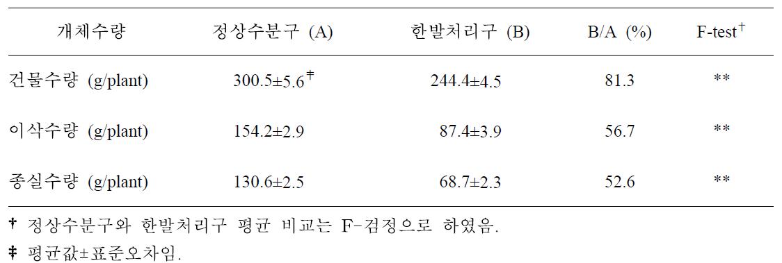 일반옥수수 9개 품종의 개화기 한발처리구와 정상수분구 수량성 비교