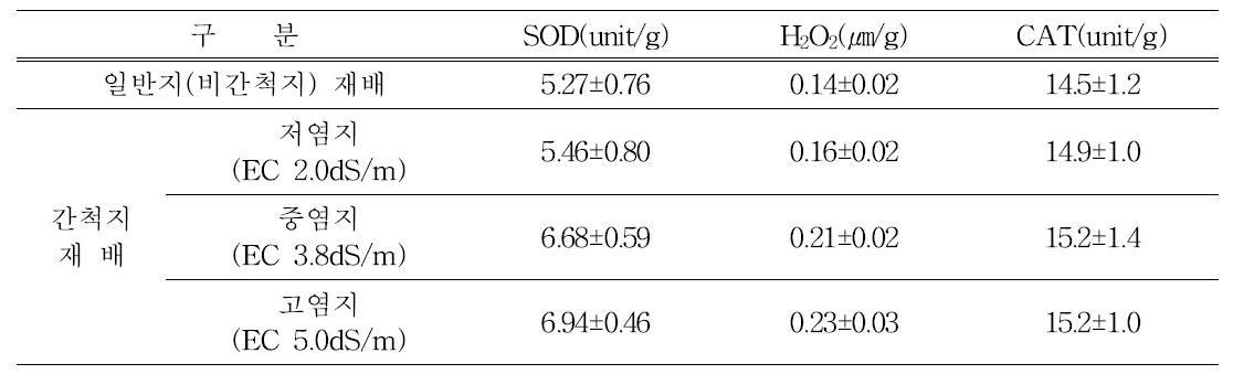 염분농도별 적근대 체내 엽록소 변화 및 항산화관련 대사물질 변화