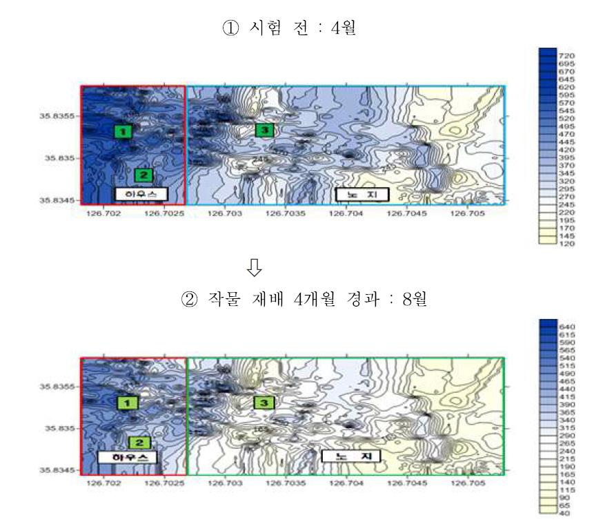 시험 전 후 시험포장 염농도 분포도 변화