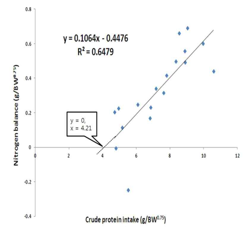 질소 섭취량과 분뇨 배설량을 통해 구한 질소 균형 회귀식