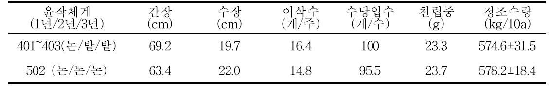 1년차 벼의 수량 및 수량구성요소