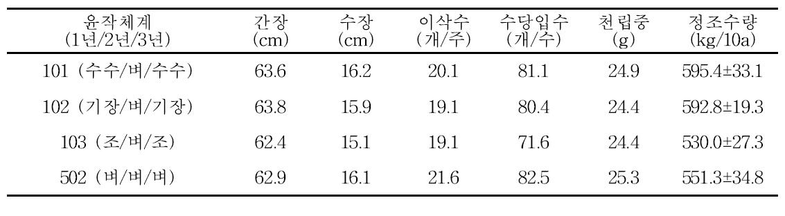 2년차 벼의 수량 및 수량구성요소