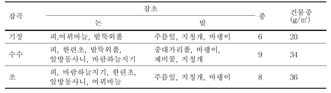 밭전환 1년차 하작물 재배기간 중 잡초 발생양상