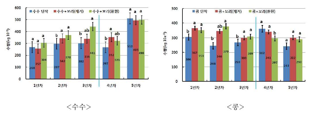 4년차 포장의 하계작물 수량변동