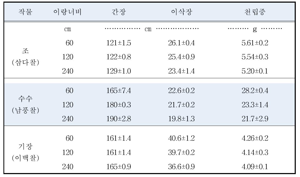 조, 수수, 기장의 이랑너비에 따른 간장, 이삭장 및 천립중(‘14)