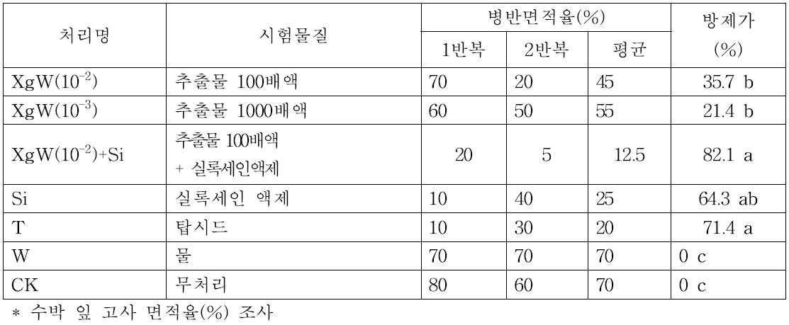 자일로곤 추출물 처리에 의한 수박 흰가루병 방제 효과(조사일자 ‘14. 10. 7.)