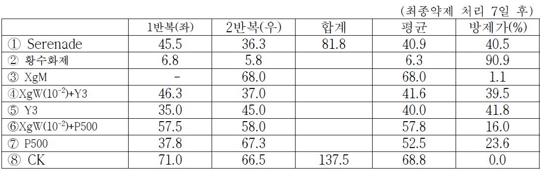 배양체 추출물과 보조제 혼용, 생물농약 등 효과시험 병조사 결과(발병도)