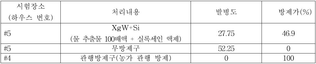 자일로곤 추출물 처리에 의한 수박 흰가루병 방제효과(발병도, 농가실증시험)