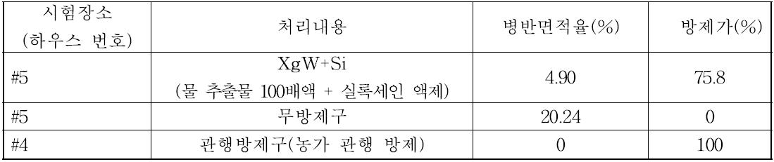 자일로곤 추출물 처리에 의한 수박 흰가루병 방제효과(병반면적율, 농가실증시험)