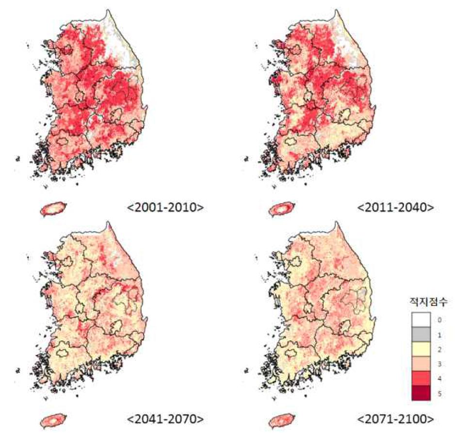 1km 남한전역 고해상도 시나리오에 따른 4개 평년의 노지고추 재배적합성에 대한 적지점수 분포도