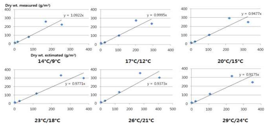 배추 광이용효율이용 모형의 예측과 관측값 비교