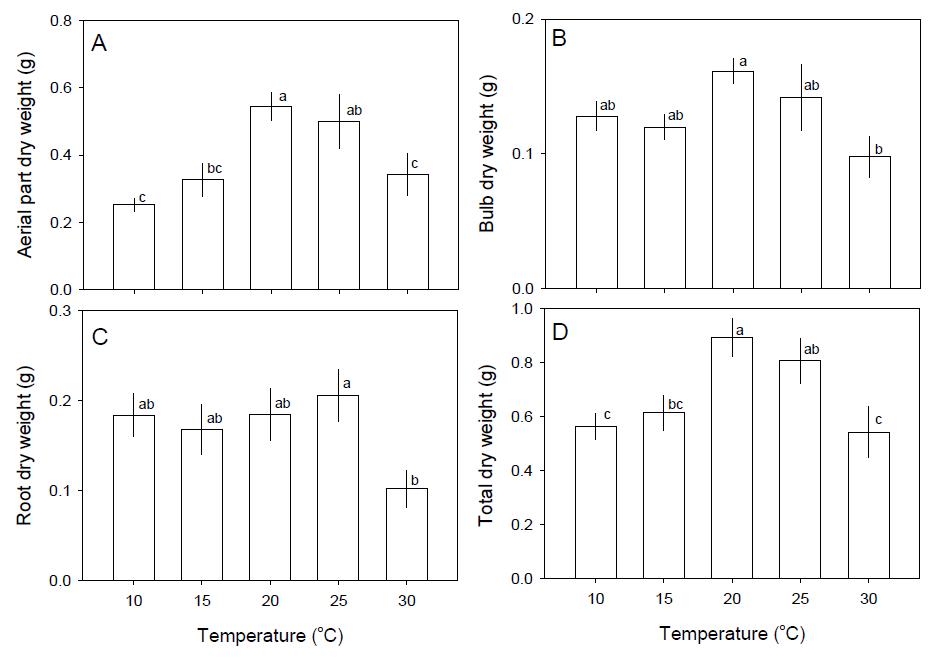Effect of temperature on aerial part dry weight (A), bulb dry weight (B), root dry weight (C), and total dry weight (D) of garlic (Allium sativum) grown for 30 days under different temperature conditions.