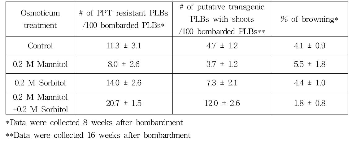 팔레놉시스 PLB에서 삼투압 처리에 따른 형질전환 효율 비교