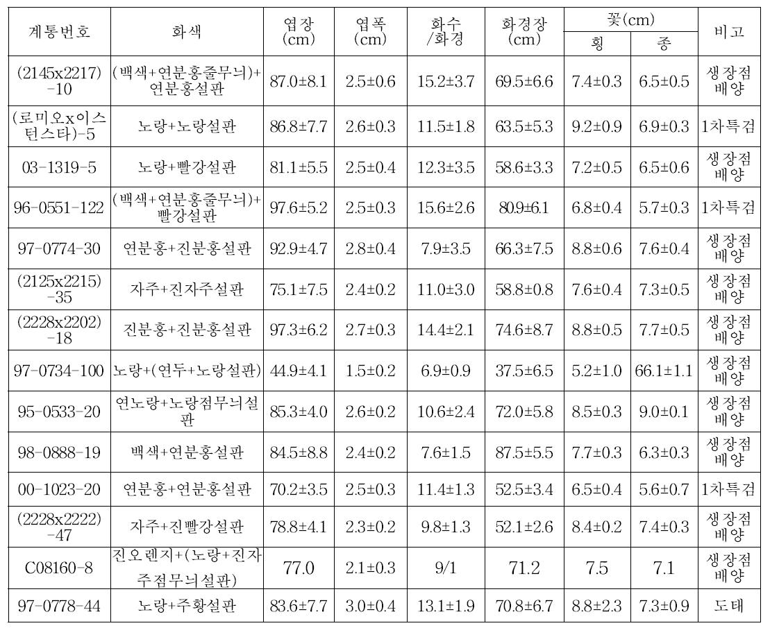 2014년 1차 특성검정 계통의 생육특성 및 선발