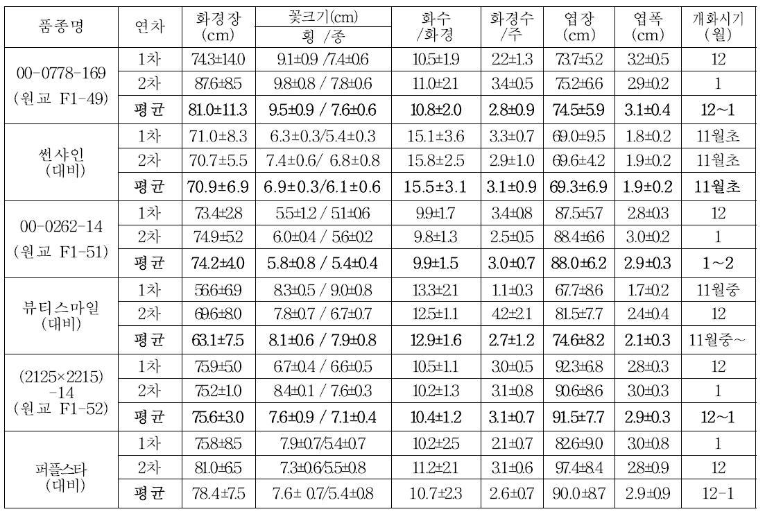 2014년 2차 특성검정 계통의 생육특성