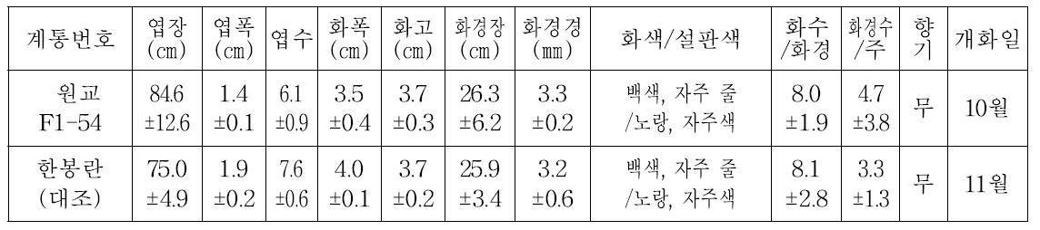 2014년 2차 특성검정용 계통의 생육 및 개화특성