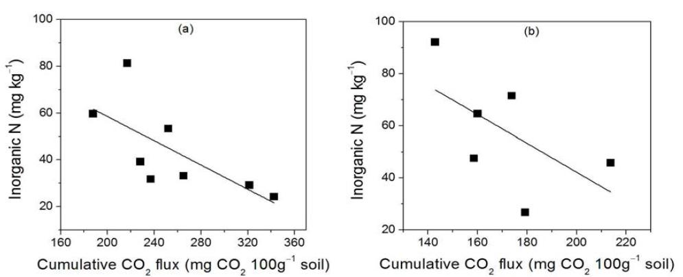녹비 및 유기자재 혼용처리시 CO2 발생량과 무기태질소 간의 상관관계; (a) 호밀 혼용 처리구; (b) 헤어리베치 혼용 처리구.