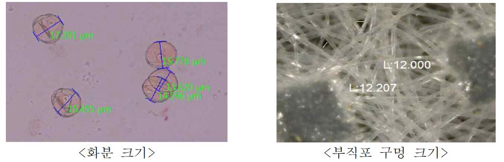화분 크기와 시험에 사용된 부직포 구멍 크기 비교