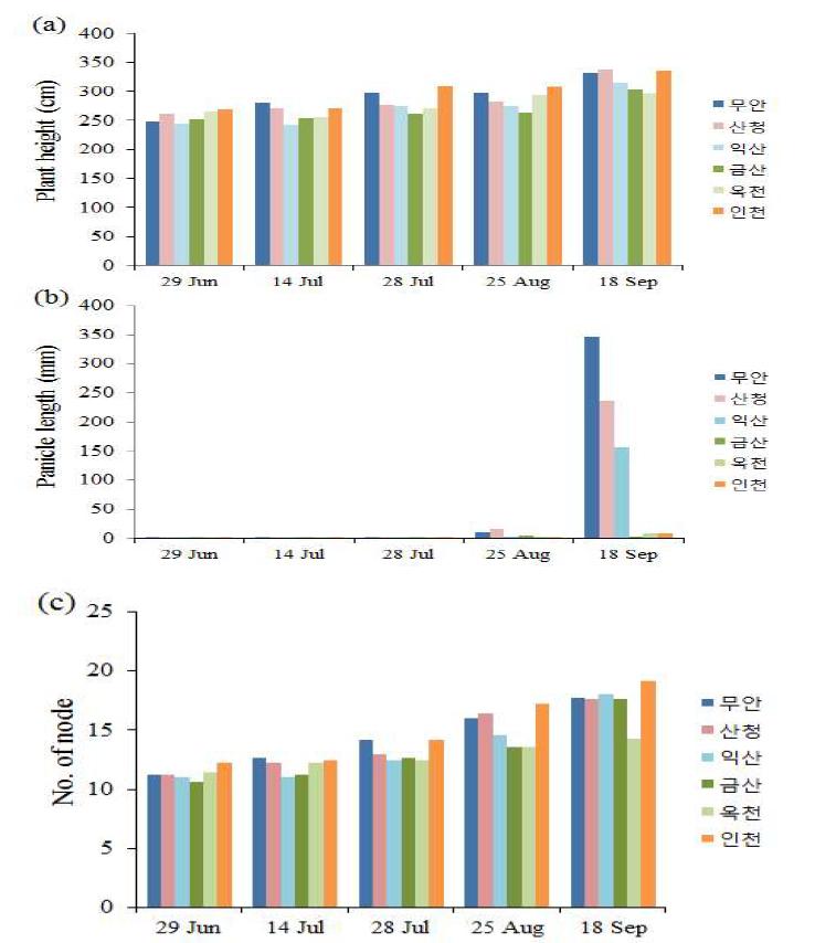 시기별 전국 거대 1호 식재지 내의 거대 1호 초장(a) 및 유수길이(b) 및 마디수(c) 변화