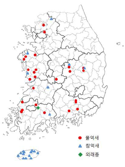 선발된 국내 억새유전자원의 수집지역