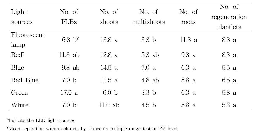 Effect of light qualities on PLB multiplication and growth of domestic line Phalaenopsis (KV600 x 07PN50) 11-16 after 60 days of culture