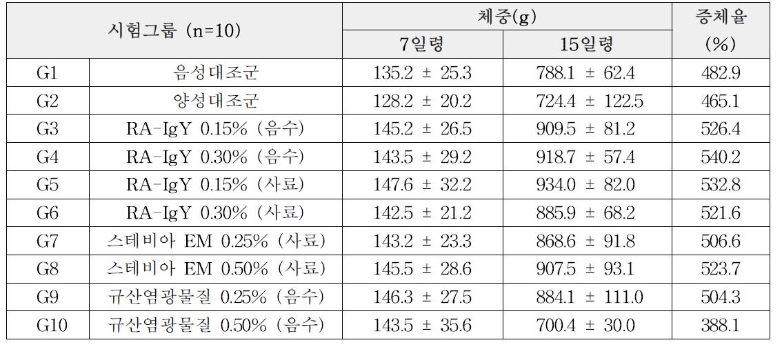 2주령 리메렐라 감염증 유발모델에서 실험군들에 대한 평균체중과 증체율