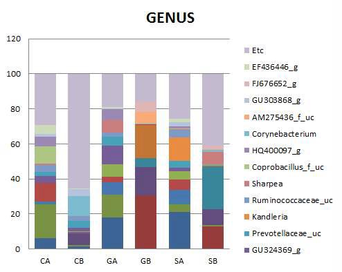 Characterization of phylum for CB(Control Before), SB (Starch Before), GB (Grass Before), CA (Control After, G1 group), SA (Starch After, G3 group), and GA (Grass After, G2 group).