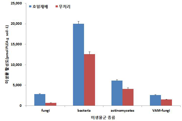 노지고추 재배포장에서 호밀재배에 따른 토양 내 미생물 군집의 인지질지방산 변화비교.