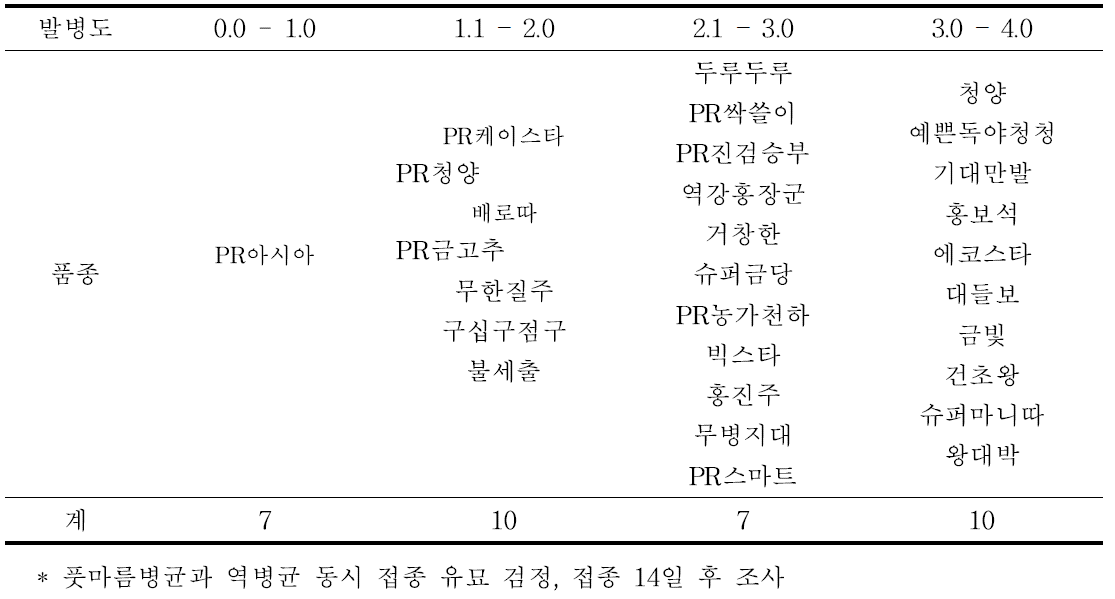 풋마름병균과 역병 동시 접종 후 품종별 발병도