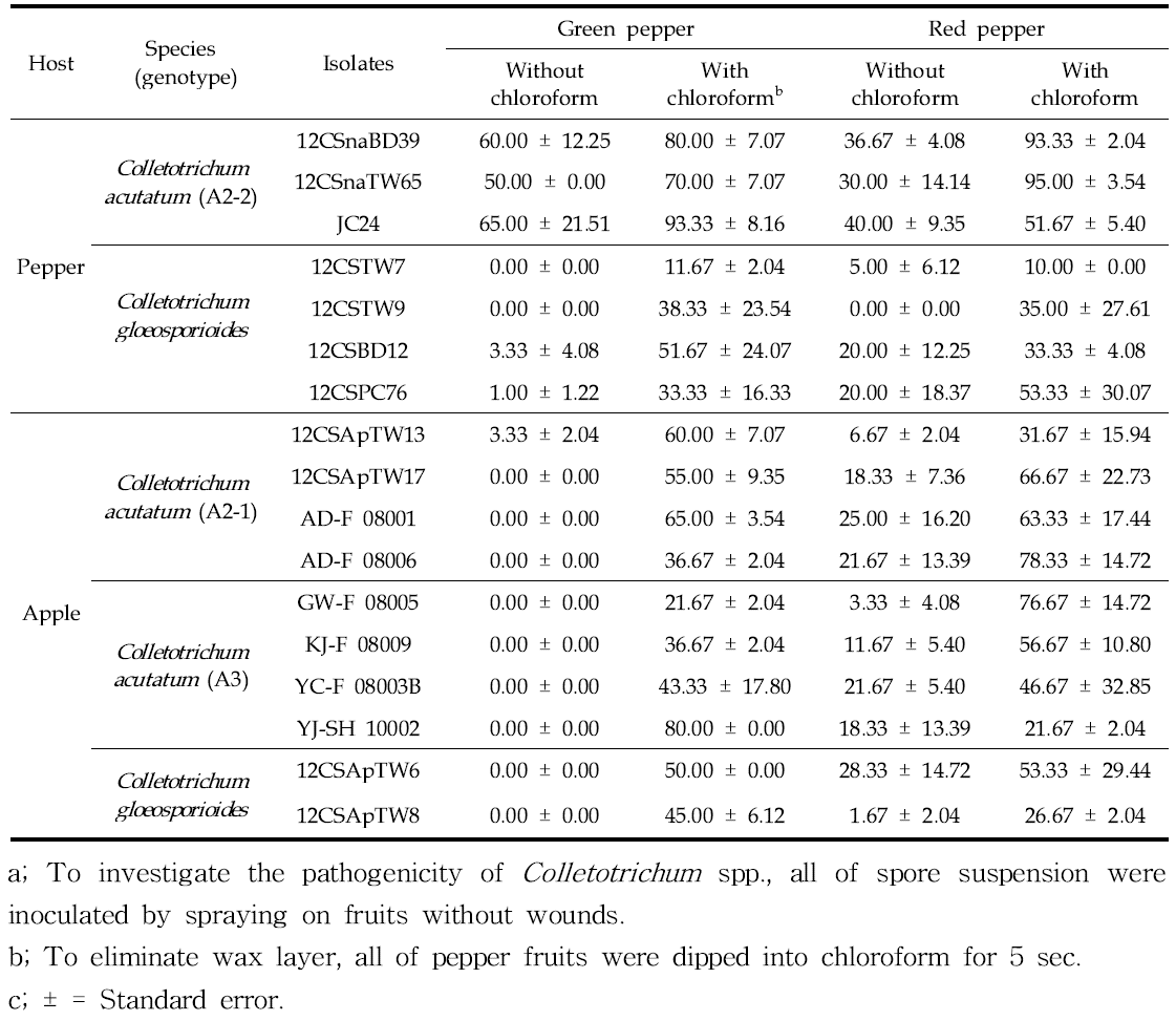 고추와 사과에서 분리한 Colletotrichum spp.의 병원성에 대한 chloroform 처리 효과