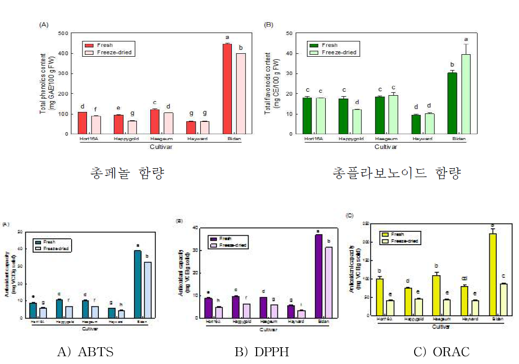 동결건조 스낵에 대한 총페놀함량, 총플라보노이드함량, 및 항산화능 측정