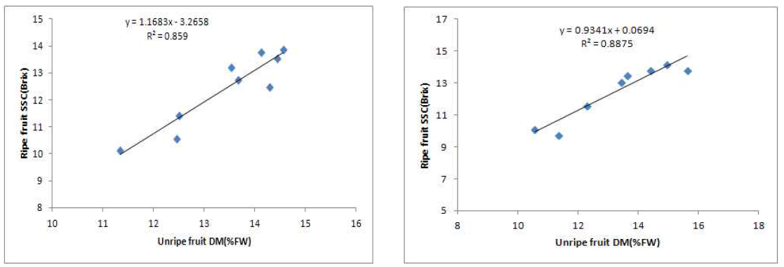 Relationship between unripe DM and ripe fruit SSC for kiwifruit