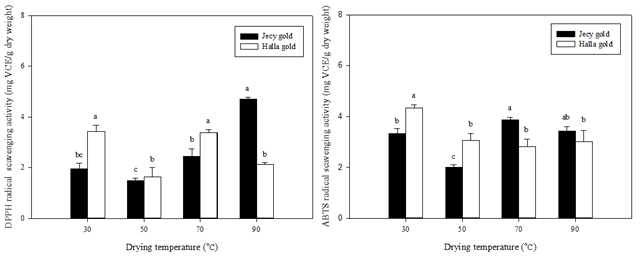 열풍 건조 가공 시 건조온도에 따른 항산화 활성