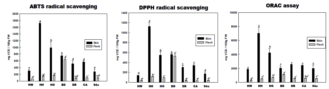 헤이워드, 해향, 해금, 비단, 만수, 치악, 041AE 품종의 ABTS, DPPH, ORAC 분석