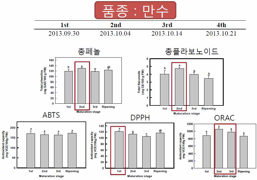 만수 품종에 대한 총페놀 함량, 총플라보노이드 함량 및 항산화능 (ABTS, DPPH, ORAC) 결과