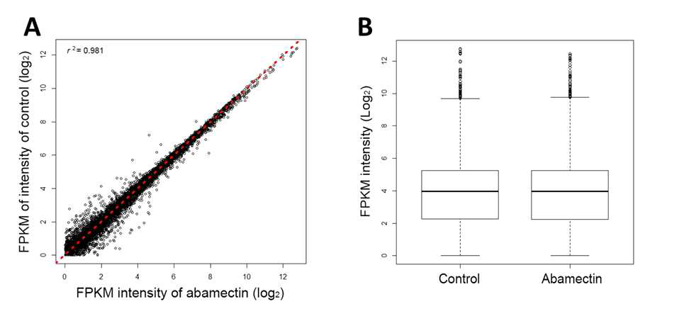 Abamectin 처리 및 무처리 계통에서 합성한 read intensity의 상관분석.