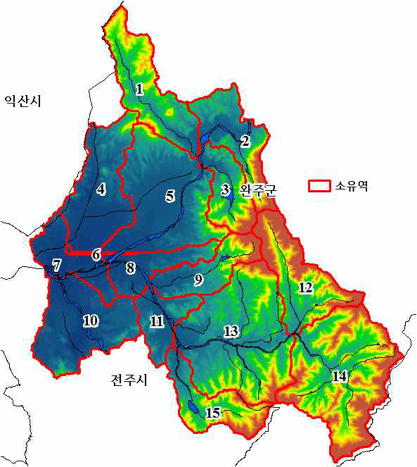 연구대상 유역에 대한 Arc-Swat 모형 구동에 따른 소유역 분포