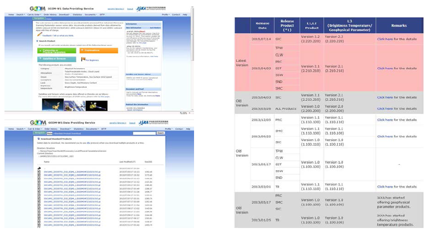 GCOM 홈페이지(좌) 및 AMSR-2 Product Version(우)