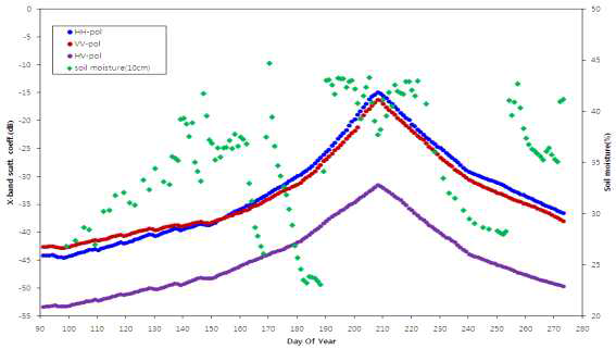 X-밴드 후방산란계수와 토양수분함량 변화