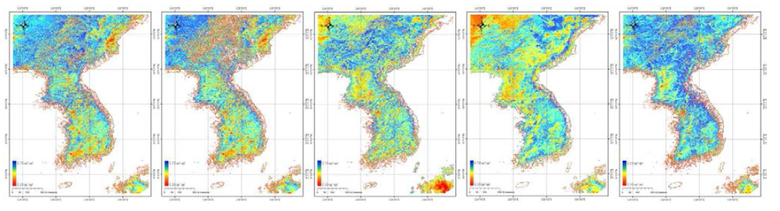 월별 AMSR-2 영상 유전상수를 이용한 토양수분 추정지도(5월~9월)