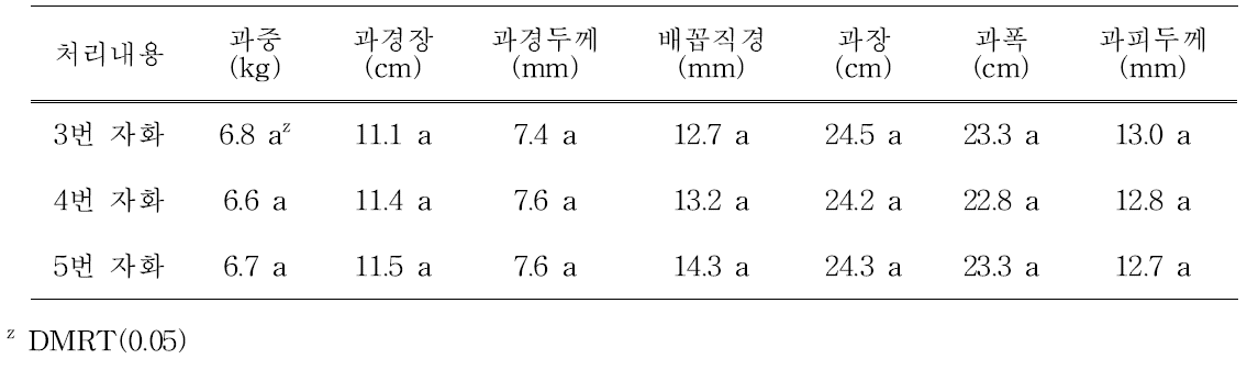 착과절위에 따른 과실 특성(2014년)