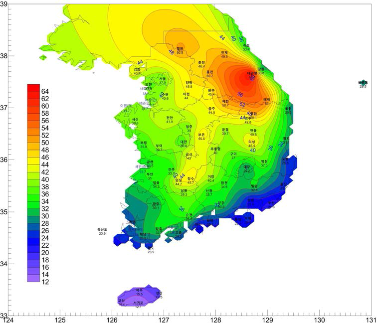 설정온도 12℃의 온실 난방 디그리아워 (1,000℃·h)