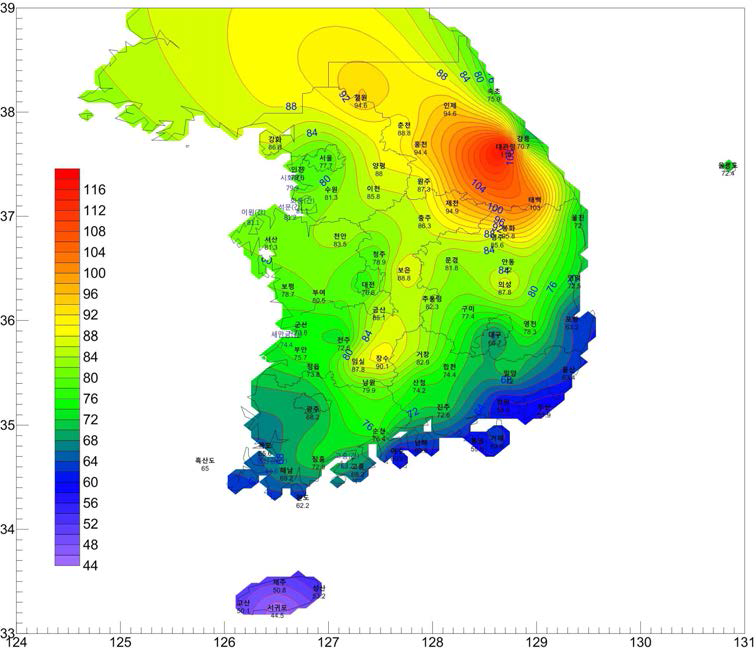 설정온도 20℃의 온실 난방 디그리아워 (1,000℃·h)